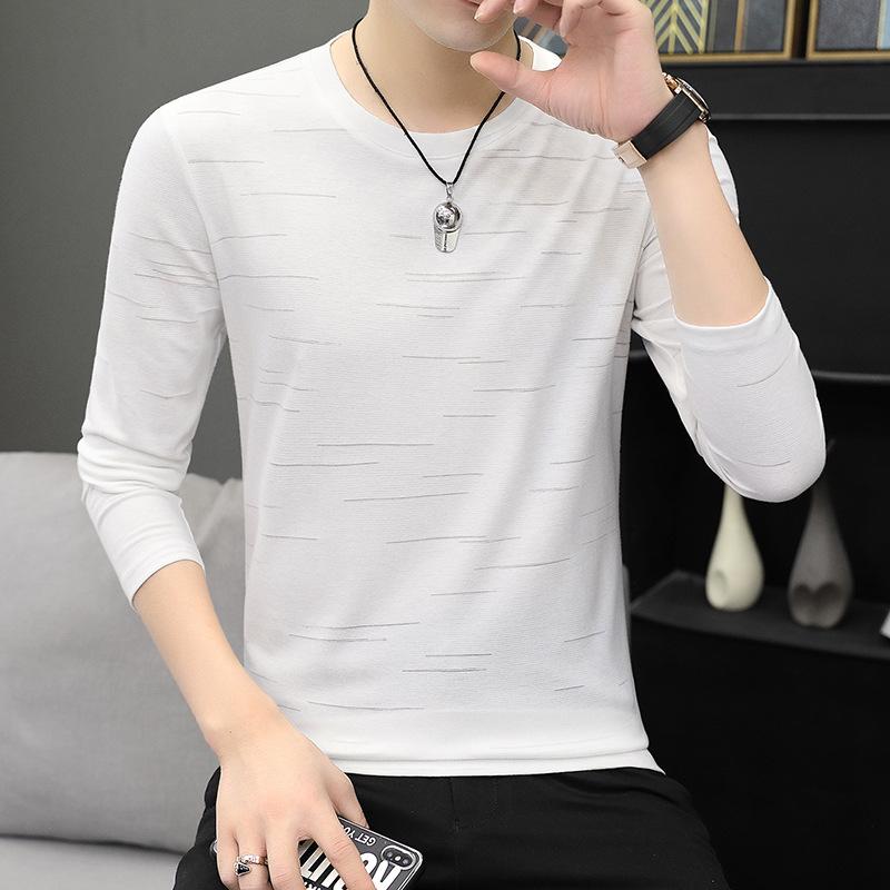 Весна Осень Мужская футболка с длинным рукавом Базовая рубашка Полосатая рубашка поло с круглым вырезом Повседневная мужская