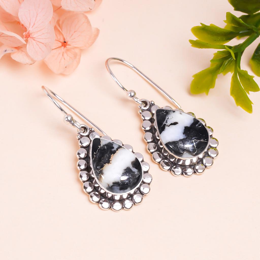 White Buffalo Turquoise - Nevada 925 Sterling Silver Earring V9592, Black & White Earring, Pear Earring, Valentin's Day Gift, Gift For Her, Birthday G