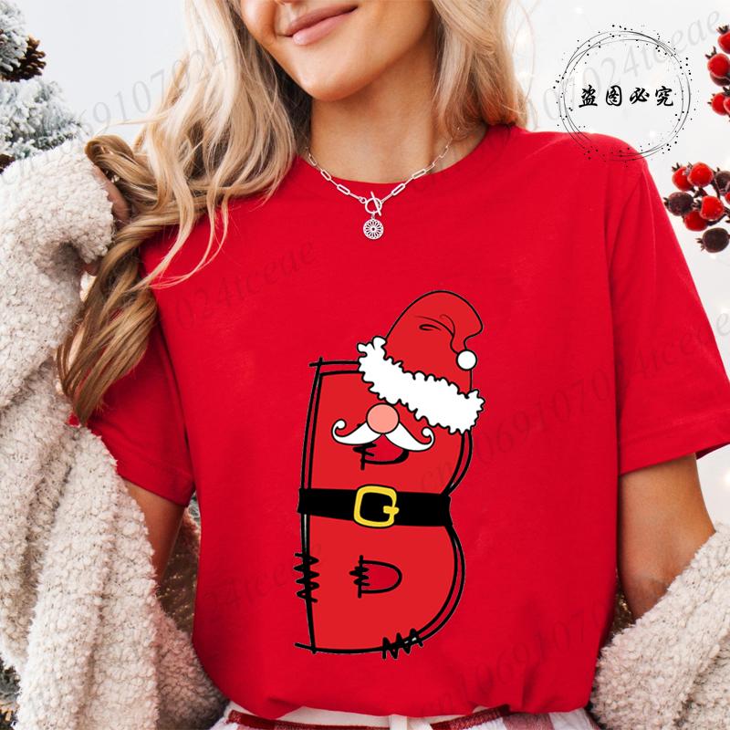Summer Y2k Women T-shirt Christmas Santa Alphabet A~Z Printed Female Clothing Short Sleeve Tops Christmas Santa Party Tee Shirts