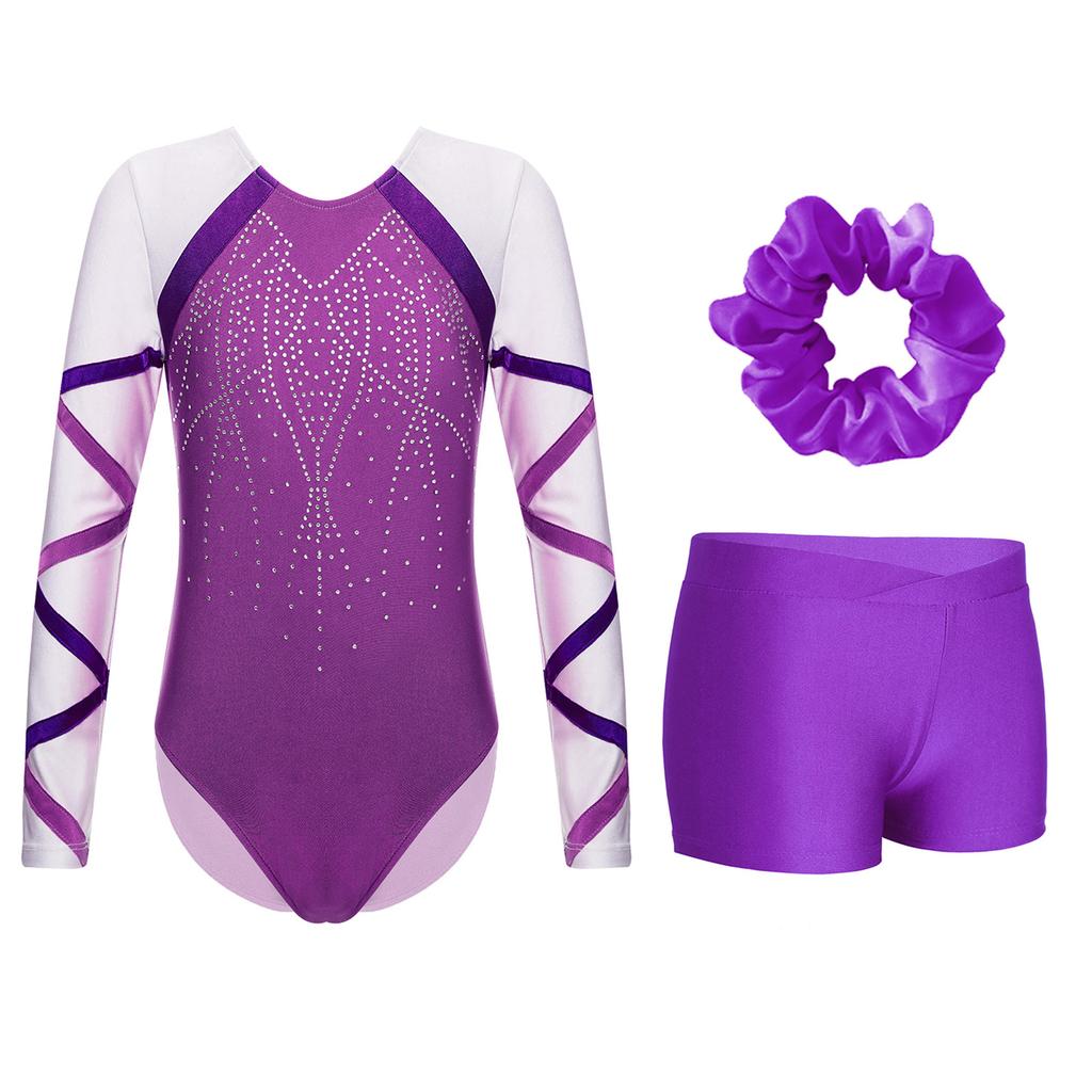Костюм для танцев для девочек из 3 предметов, блестящий купальник с длинными рукавами, V-образный вырез спереди, шорты, повязка для волос для соревнований по гимнастике