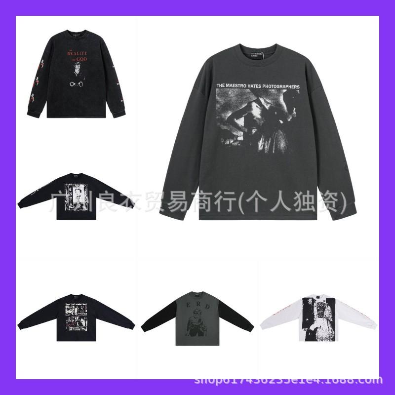 Unisex Vintage Distressed Letter Print Graphic Long Sleeve Tee Streetwear Oversized Cotton T-Shirt Teens