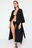 Women's Fashion New Kimono&Kaftan Black Belted Maxi Woven Flounce Linen Blend KimonoKaftan