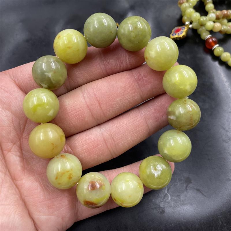 Xiuyan Jade Bead Bracelet: 108 Natural Saffron Jade Beads Buddhist Prayer Sweater Chain