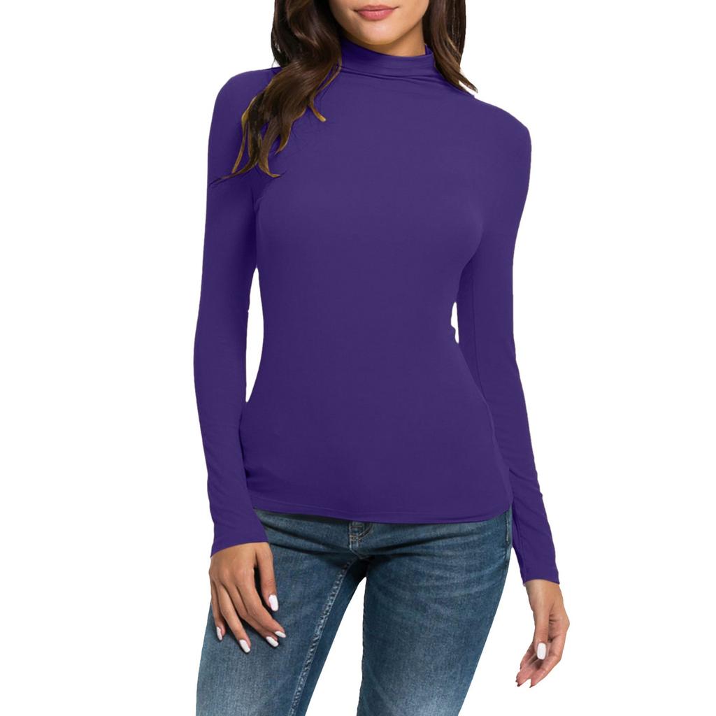Women's Fashion Slim-Fit Stretch Base Layer Top Solid Colour Long-Sleeved Blouse