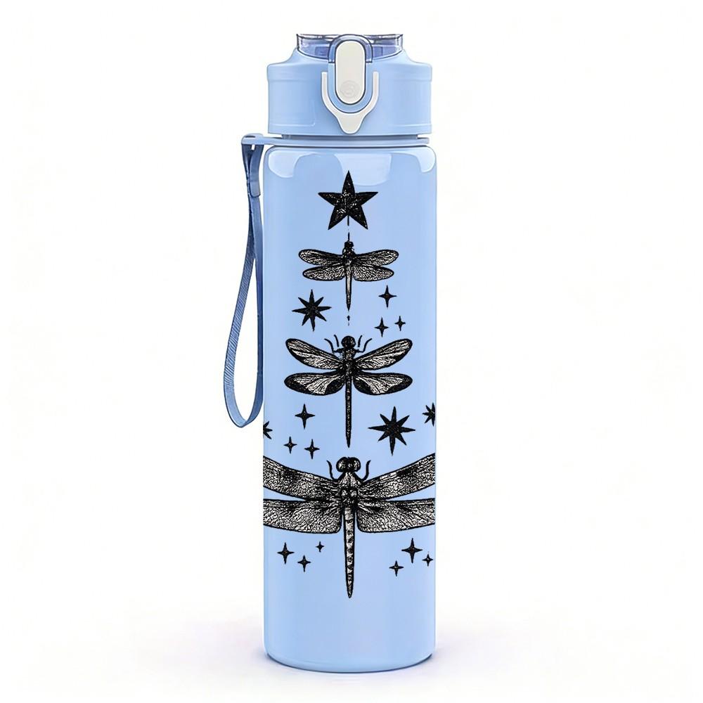 1PC Dragonfly On Pine Tree Silhouette Print 750ml Color Plastic Sports Water Bottle Leakproof Flip Straw Lid Suitable for Sports Office Home Use