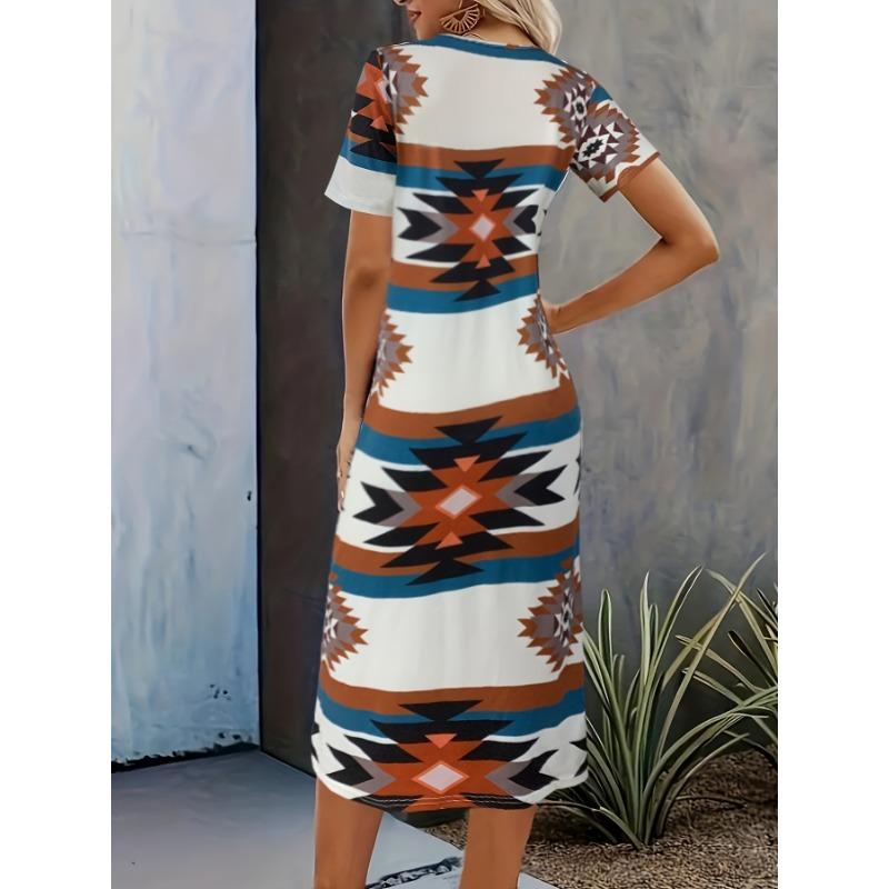 Платье с круглым вырезом с геопринтом, повседневное платье с короткими рукавами на весну и лето, женская одежда