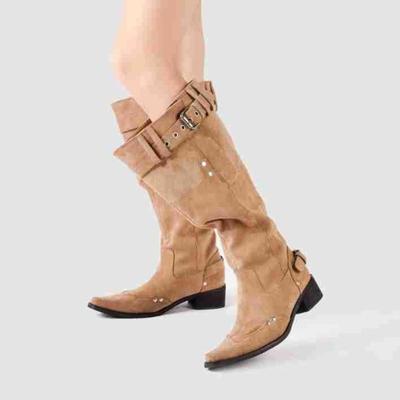 Новые остроносые ботфорты с широким голенищем на высоком каблуке, в стиле ретро, ковбойские, на толстом каблуке, женские ботинки