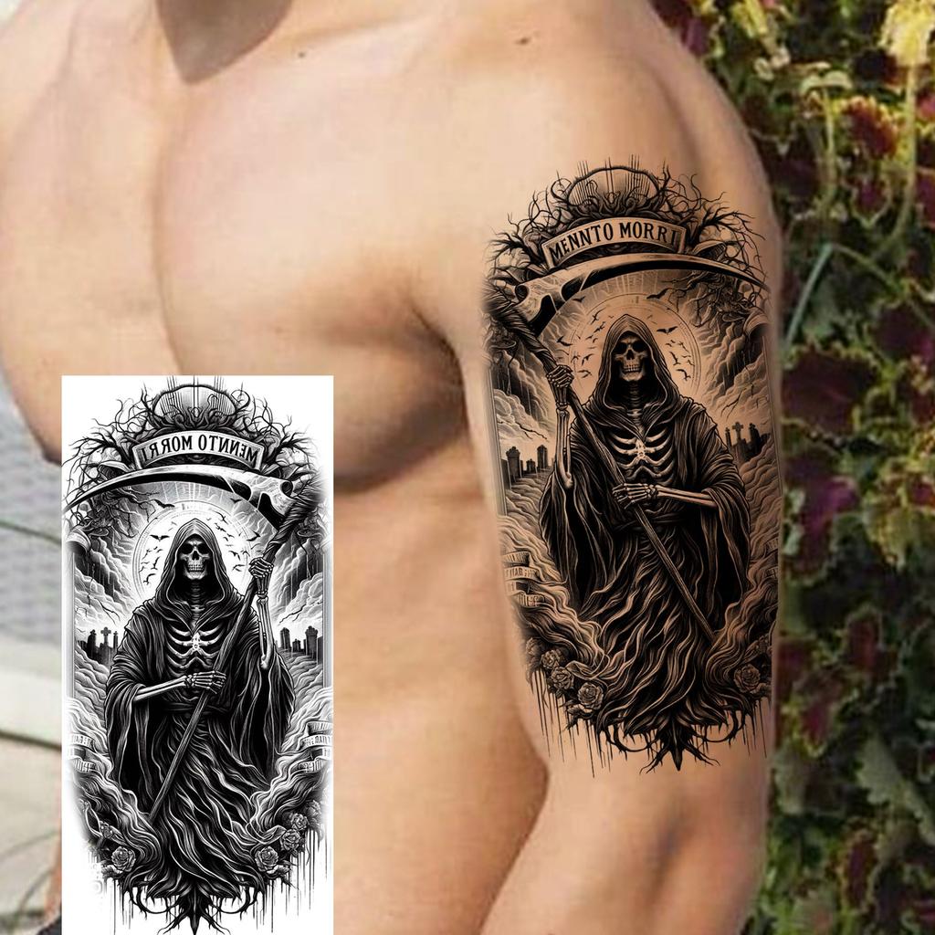 1 Sheet Scary Grim Reaper Skull Temporary Tattoos Halloween Tatoos Long Lasting Waterproof Tiger Wolf Beast Fake Tattoo Stickers