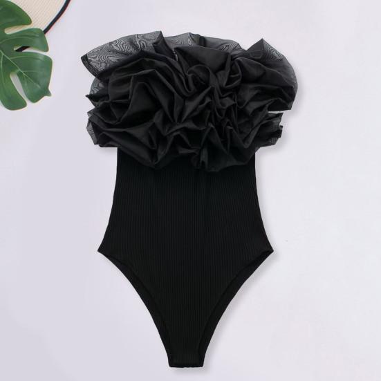 Women Off Shoulder Ribbed Knit Bodysuit Layer Flower Decor Skinny Playsuit Sleeveless Solid Color Female Playsuit