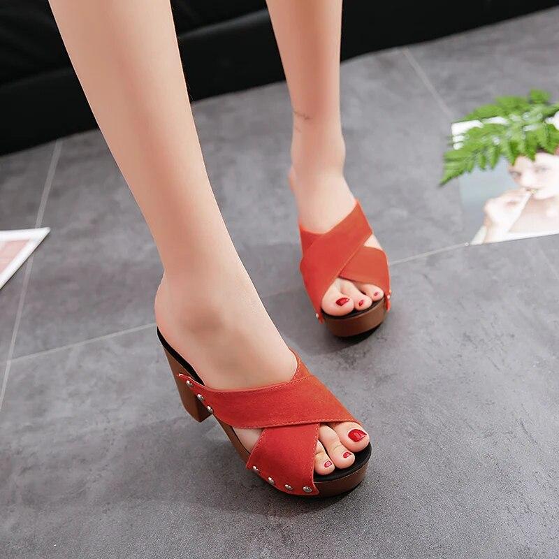 Summer Women Sandals Square High Heel Platform Flock Casual Rivet Pumps