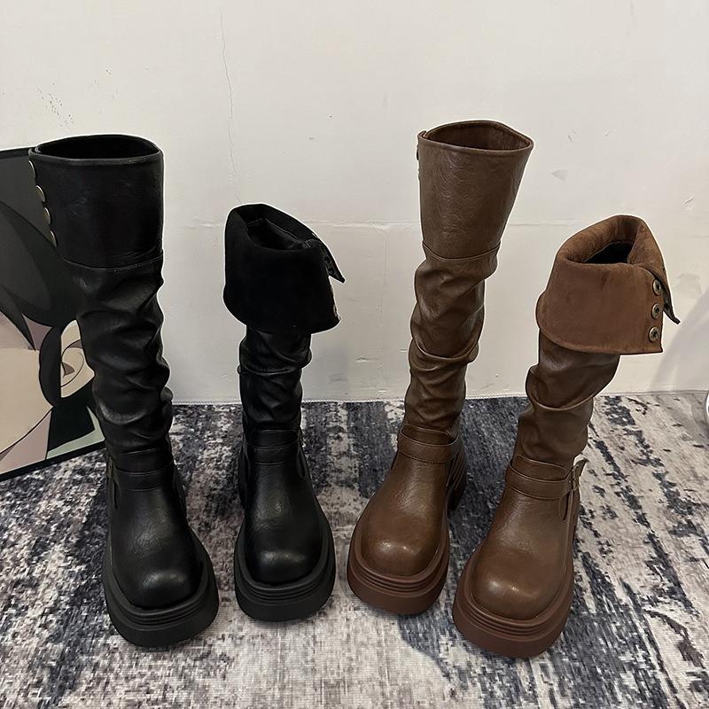 Women'S Platform Motorcycle Boots Buckle Strap Thick-Soled Boots Feamle New Fashion Black Pu Leather Western Knight Botas Mujer