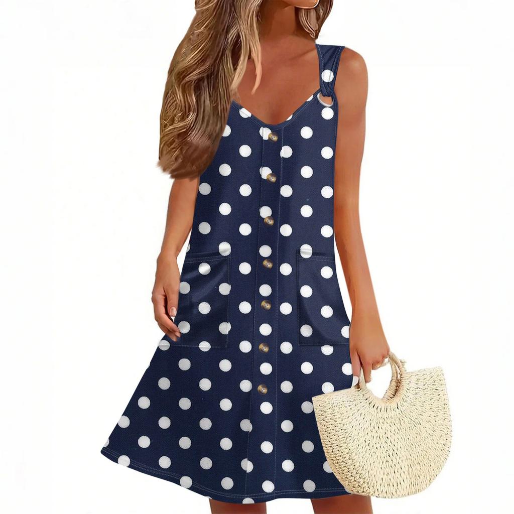 Women's Summer Dress With Pocket Sleeveless Polka Dot Print Sundress