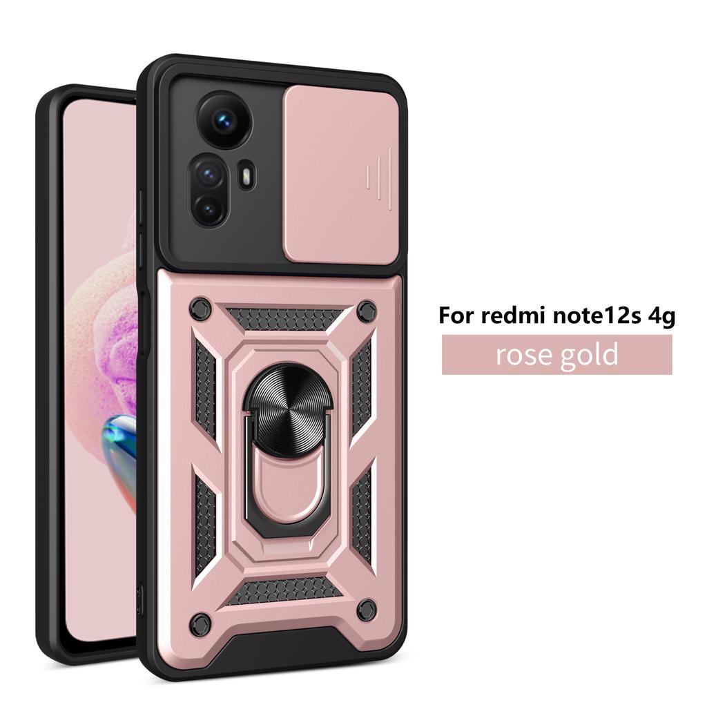 Чехол для Xiaomi Redmi Note 12S Чехол-подставка Redmi Note 12S Магнитное кольцо-держатель Бронированный чехол для телефона Защита камеры сдвижной крышкой Задняя крышка