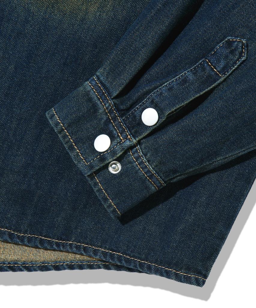 TRILLION Leather Patch Oversized Work Denim Long Sleeve Shirt_Vintage Blue