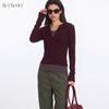 HeyHenry Womens Semi-Open V-Neck Fake Two-Piece Long Sleeve T-Shirt Slim Fit Base Top Korean Style Daily Wear