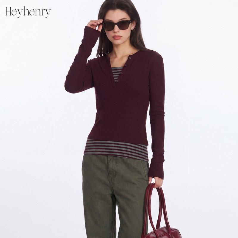 HeyHenry Womens Semi-Open V-Neck Fake Two-Piece Long Sleeve T-Shirt Slim Fit Base Top Korean Style Daily Wear