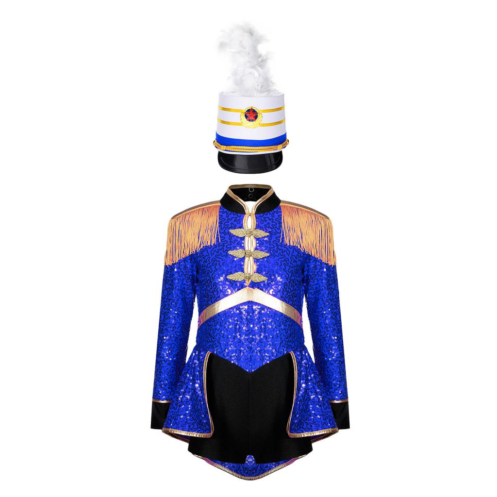 Girls Circus Drummer Costume Long Sleeve Sequined Bodysuit Fringe Epaulet Shoulder Mini Top Hat Accessory