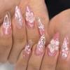 24Pcs Almond Press On Nails Ocean Blue French Tip With Flower Pearl Glitter Simple Wearable False Nail Art Manicure Set