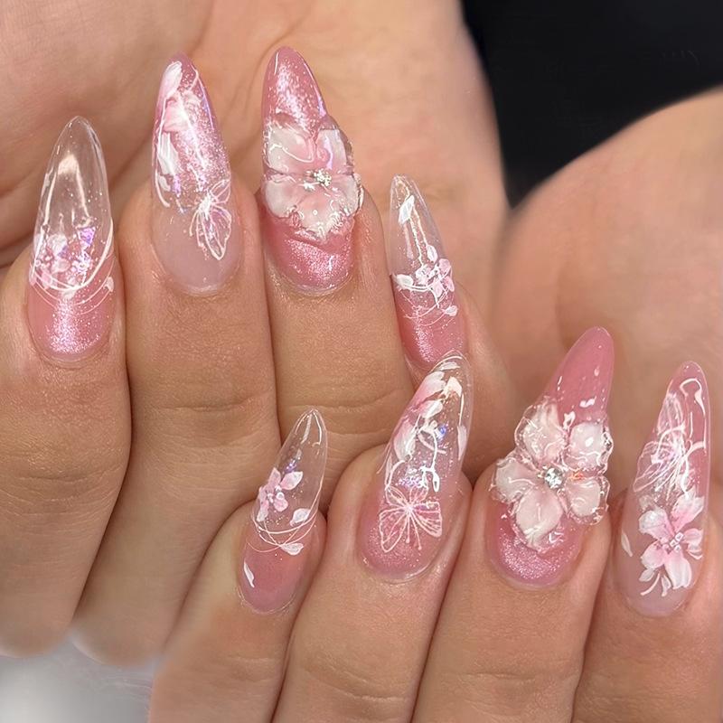 24Pcs Almond Press On Nails Ocean Blue French Tip With Flower Pearl Glitter Simple Wearable False Nail Art Manicure Set