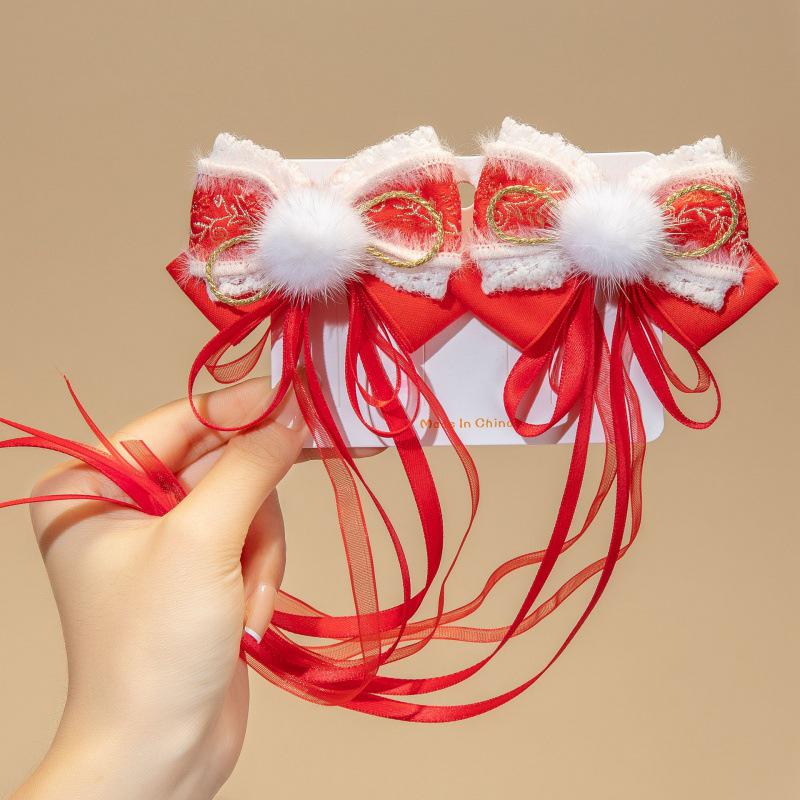 Китайский Новый год Красный бант с кисточкой Заколки для волос для девочек и женщин - Милые аксессуары для волос в древнем стиле