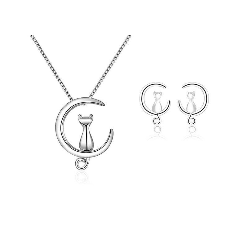 925 Sterling Silver Simple Cute Pet Cat Moon Jewelry Set Animal Necklace And Earring Party Jewelry Set For Women Gift
