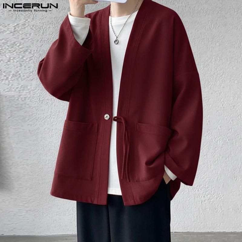 INCERUN Мужской повседневный свободный кардиган на одной пуговице, тонкий кимоно-топ