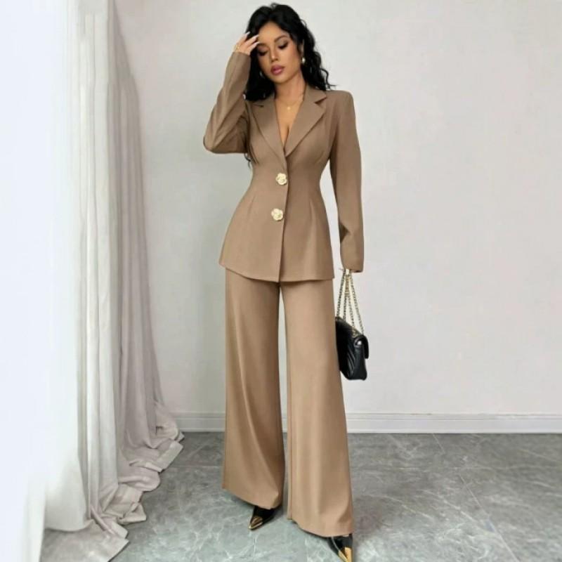 Womens 2026 Slim-Fit Blazer Wide-Leg Pants 2-Piece Set Elegant Office Casual Outfit Black Beige