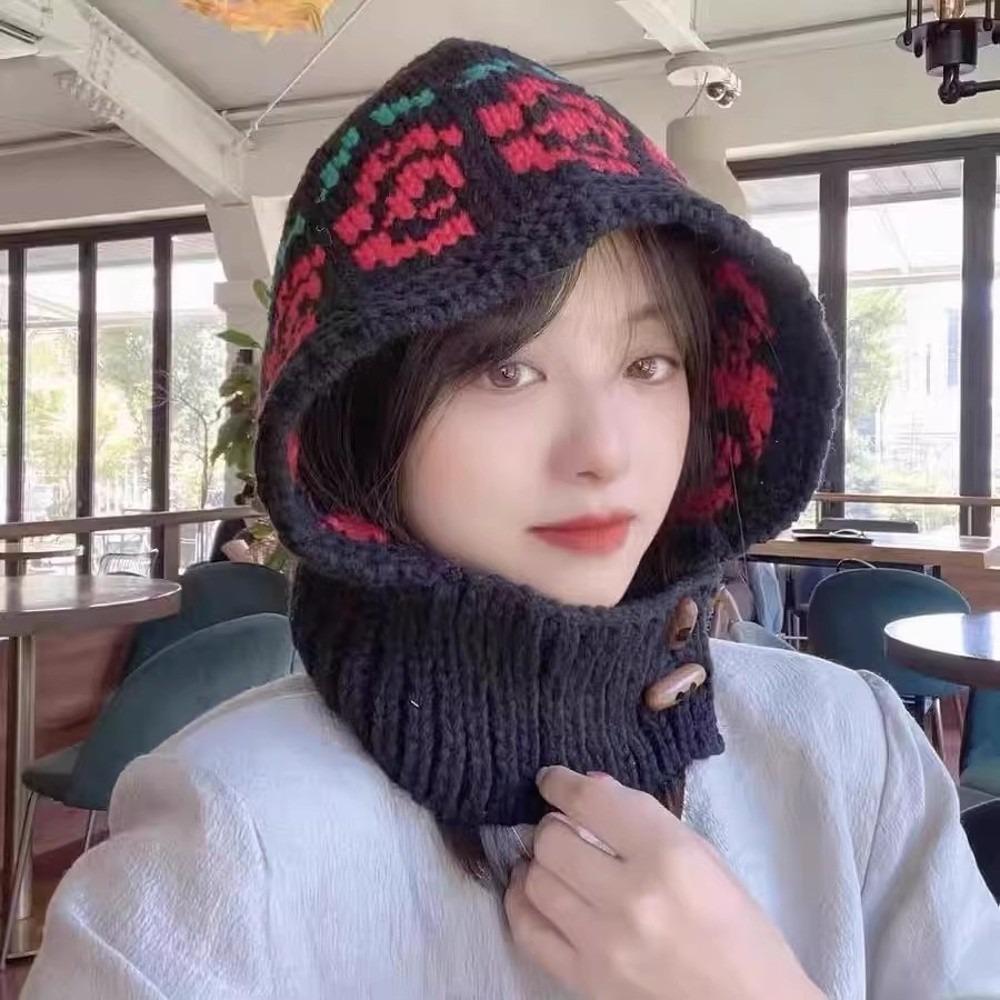 Rose Flower Print Knit Balaclava Warm Pullover Snood New Korean Knit Hat Women Girl