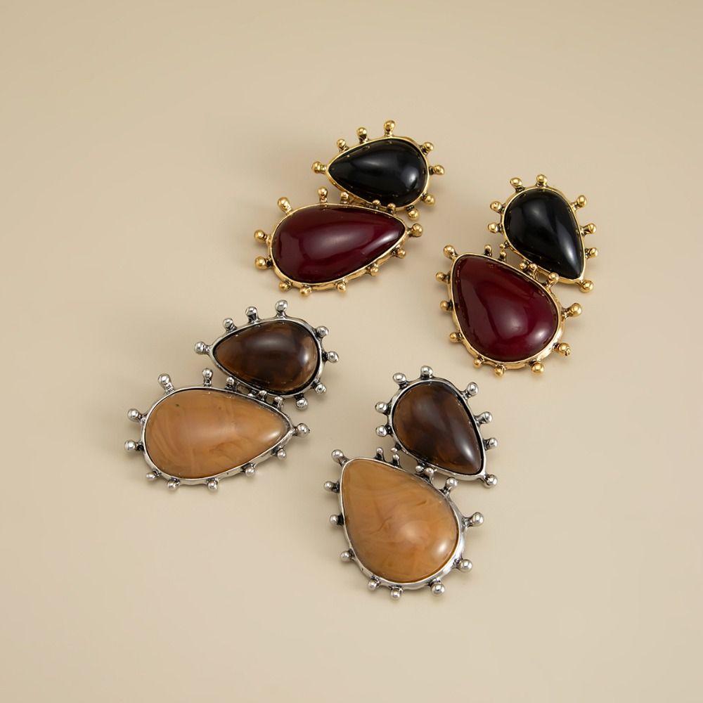 Vintage Gemstones Resin Dangle Earrings Irregular Shape Resin Alloy Geometric Earrings Elegant Sweet Oval Earrings