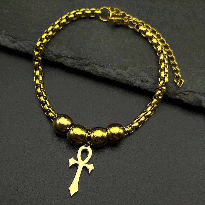Bracelet Vintage Charm Amulet Talisman Ankh Cross Men Women Stainless Steel Egypt Egyptian Key Life Religious Jewelry Gift Hip Hop Rock Goth Gothic