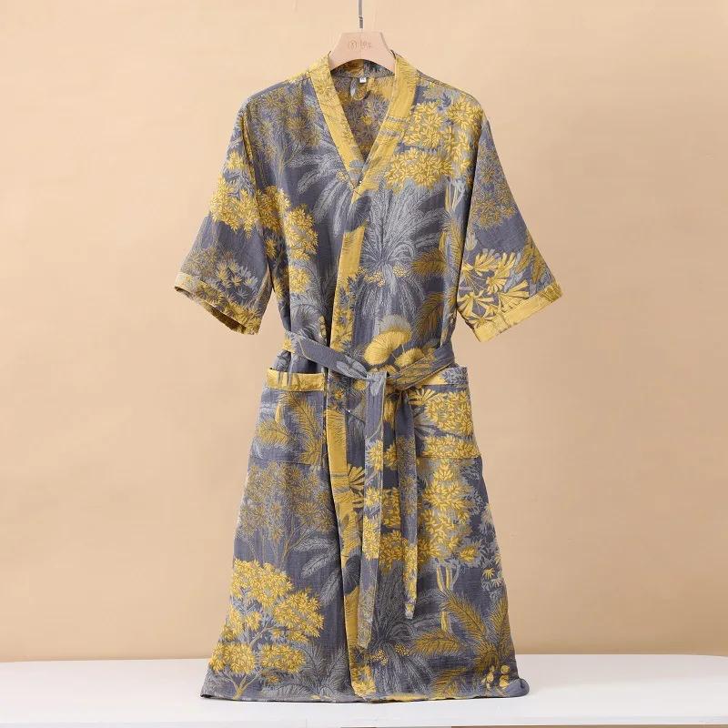 Хлопковый кимоно-халат с принтом, с коротким рукавом, для весны и осени, тонкая домашняя одежда, впитывающий, быстросохнущий, халат для сна