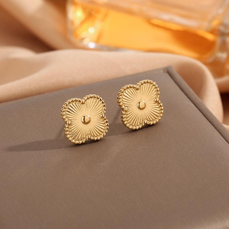 Titanium Steel Gold Four-leaf Clover Stud Earrings, Lucky Four-leaf Clover Five-flower Earrings