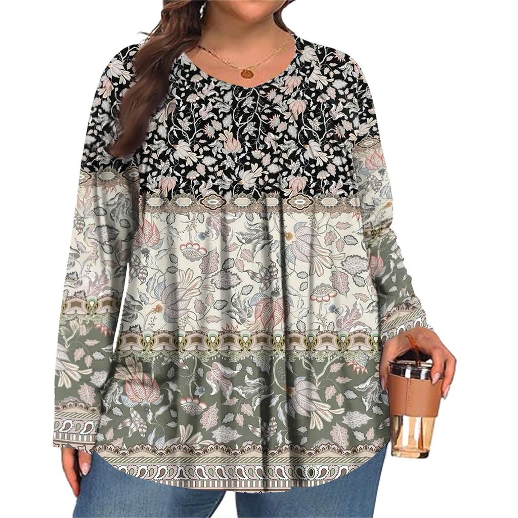 Women's Plus Size Fashion Printed Casual Pleated Round Neck Long Sleeve Top