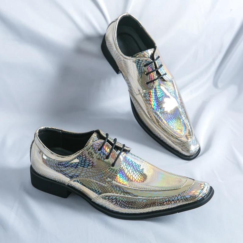 New Men Bright PU Printing Fashion Shoes Low Top Business British Casual Shoes Lace Up Classic Large Sizes 37-46 Men Shoes