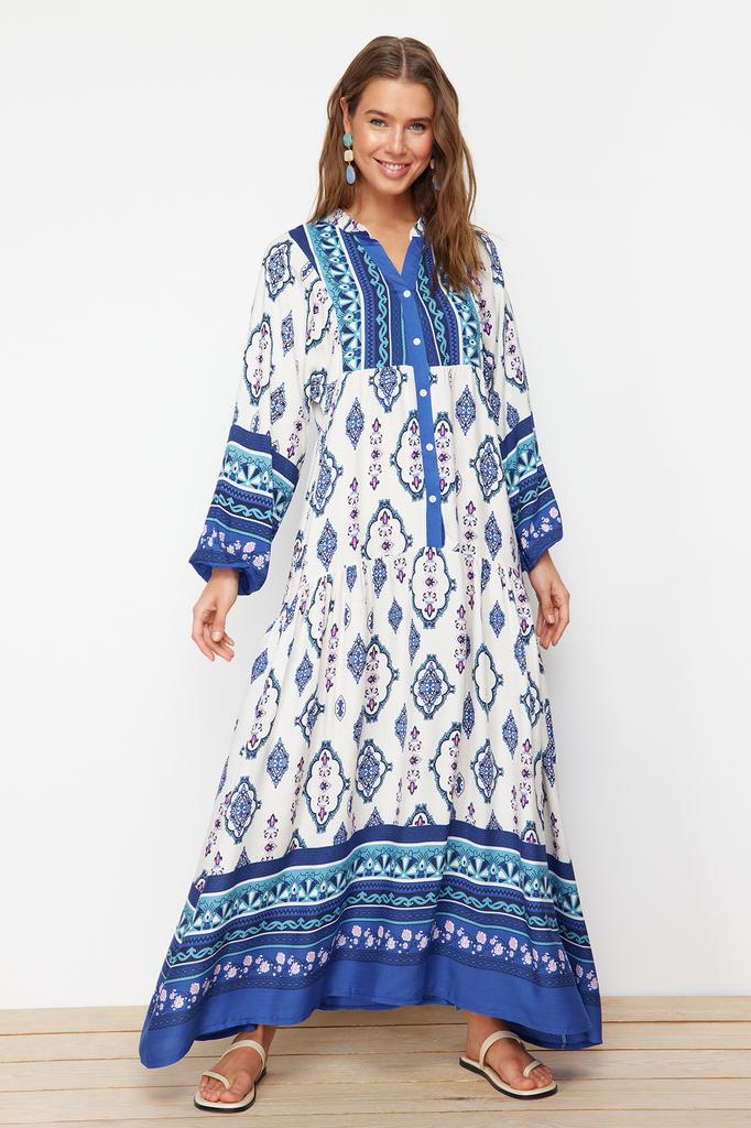 Women's Hijab Dress New Season Fashion Blue Floral Patterned Woven Viscose Dress