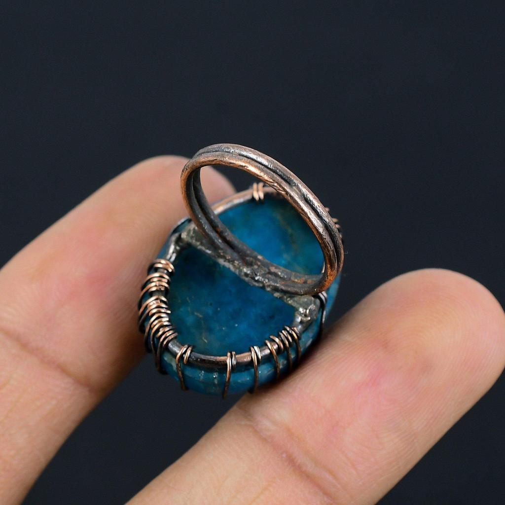 Tree Of Life Neon Blue Apatite Gemstone Copper Wire Wrapped Handmade Jewelry Ring For Her