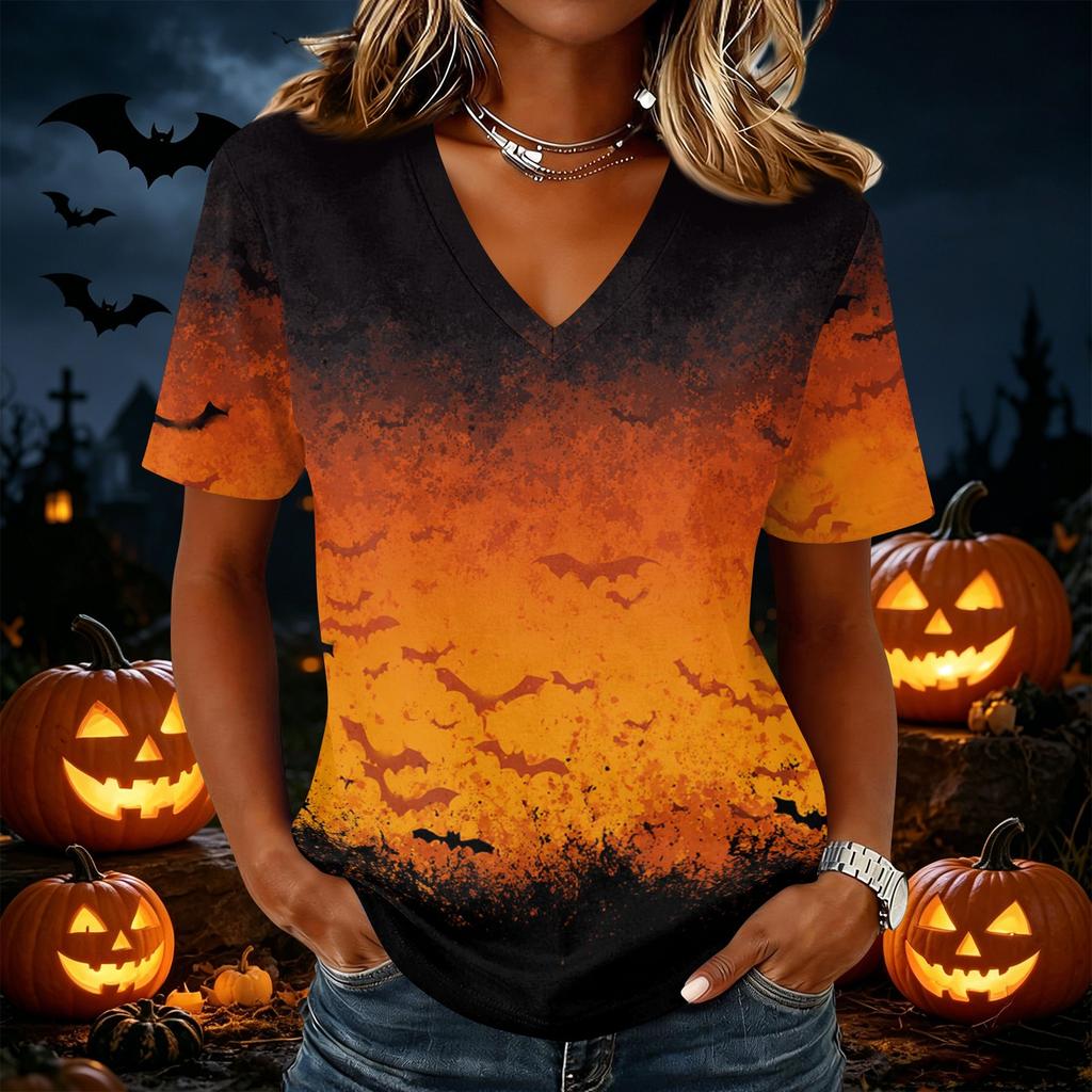 Womens Casual Short Sleeve Pullover Top V Neck Halloween Pumpkin Print Shirt Lightweight Comfortable Fit
