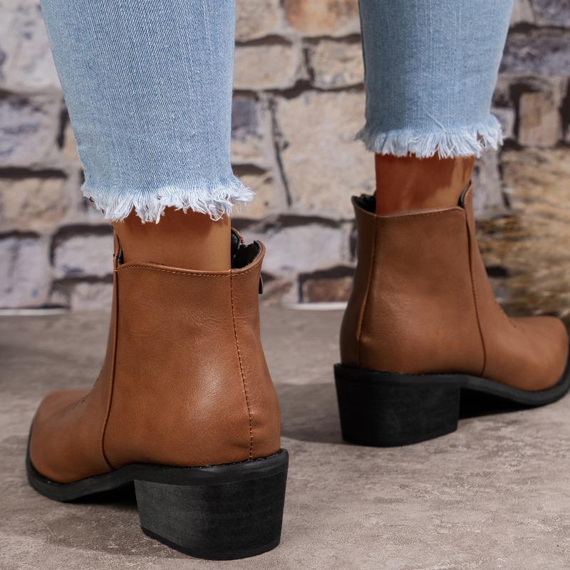 Shoes for Women 2024 Hot Sale Zipper Women's Boots Autumn Pointed Toe Solid Naked Boots Chunky Heels Short Barrel Western Boots