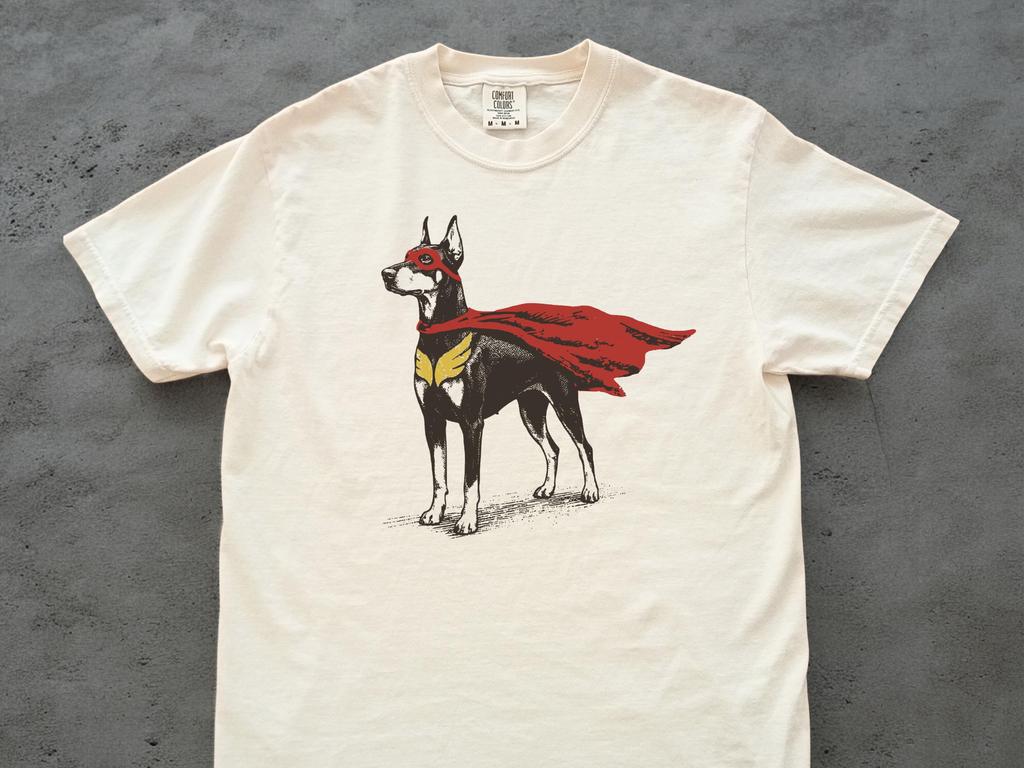 Doberman Superhero Shirt – Funny Doberman Dog Tee for Comic Fans, Fast Hero Dog Gift, Nerdy Pet Humor Shirt