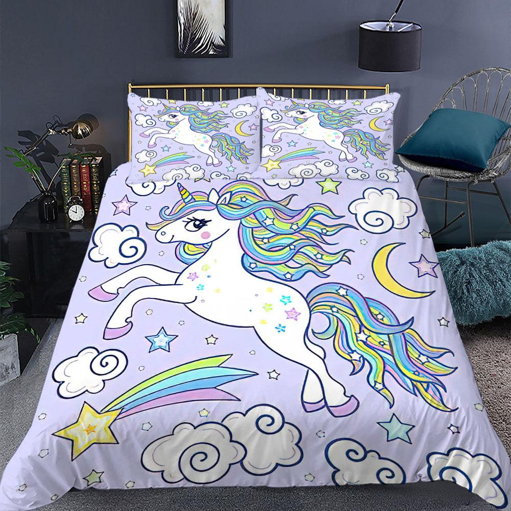 Unicorn Duvet Cover Set King Queen Size Pink 3D Print Cute Unicorn Star Rainbow Cloud for Kids Girls Boys Polyester Bedding Set