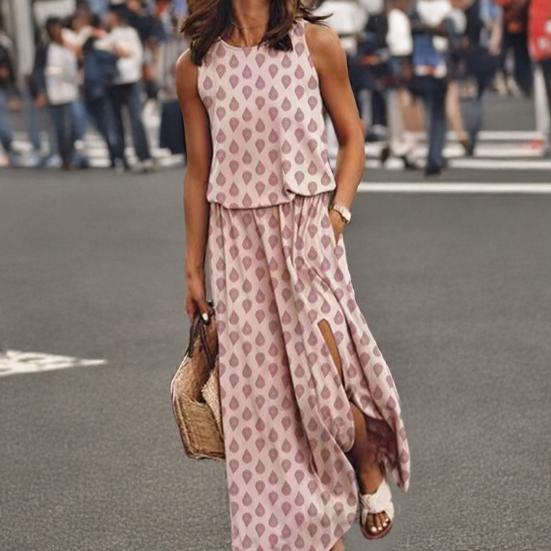 Женское платье макси без рукавов, повседневное, с круглым вырезом, эластичной талией и разрезом, длинное