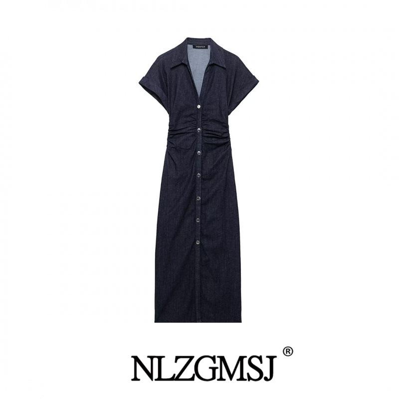 2025 Women's Spring Fashion Lapel Denim Midi Dress - European & American Style, Short-Sleeve