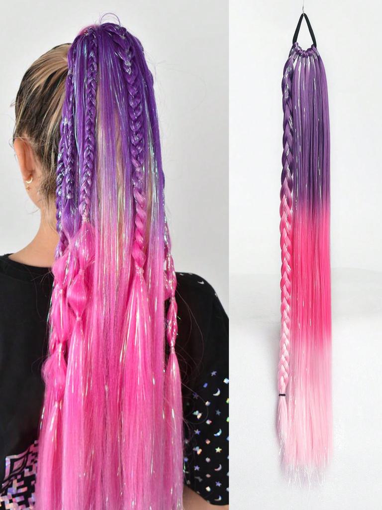 Синтетический градиентный многоцветный длинный прямой конский хвост с резинкой и металлической проволокой цветной 28-дюймовый конский хвост для ежедневного использования