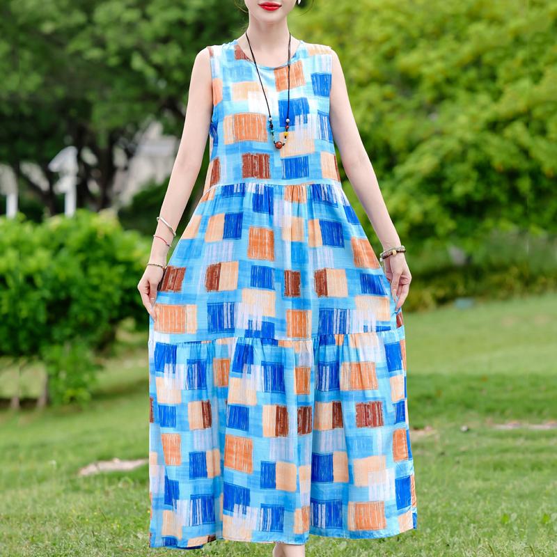 Элегантное женское платье без рукавов больших размеров с коротким рукавом и винтажным принтом, длинное платье, летняя повседневная женская одежда среднего возраста