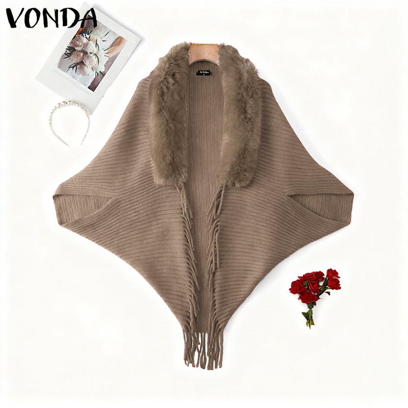 VONDA Women Long Sleeve Fluffy Tassel Splicing Open Front Casual Knitted Sweaters Cardigans