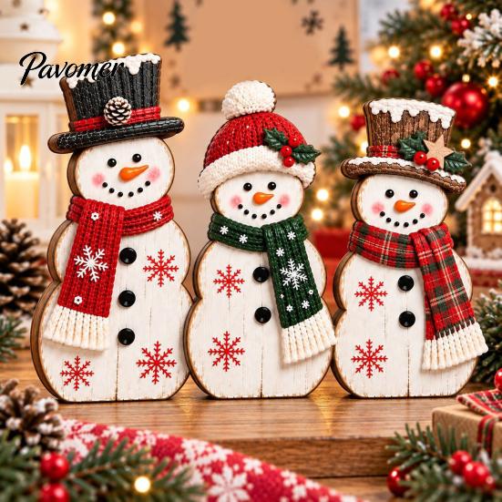 Vintage Tiered Tray Displays 3Pcs Wooden Christmas Snowman Decorations, Rustic Figurines with Knit Scarf, Winter Mantel Shelf Accents Top Hat