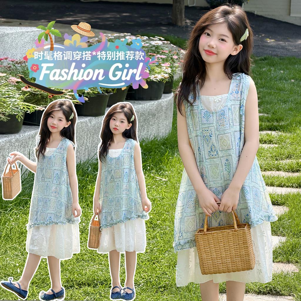 Children's Summer Dress with Floral Vest and Lace Patchwork