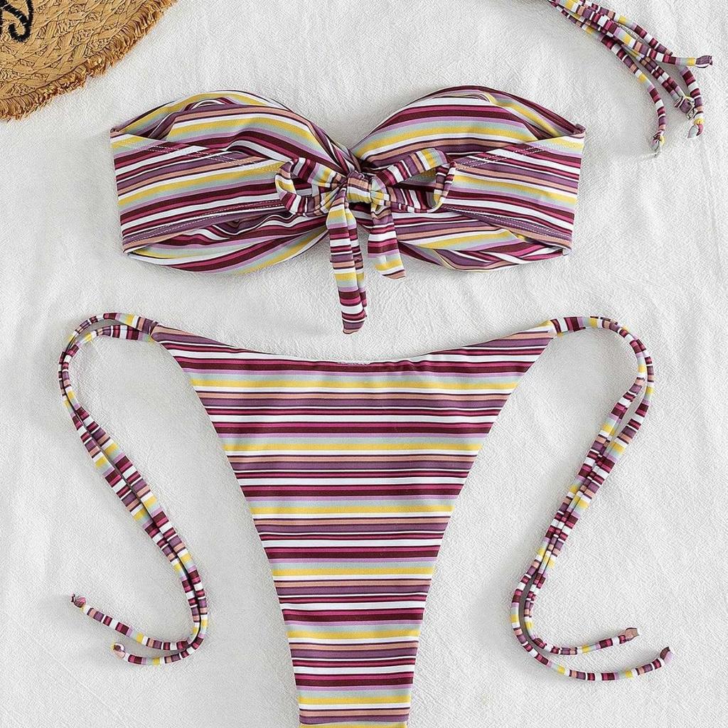 1011 European and American retro color bar kinky bikini neck strap high fork beach vacation split swimsuit women