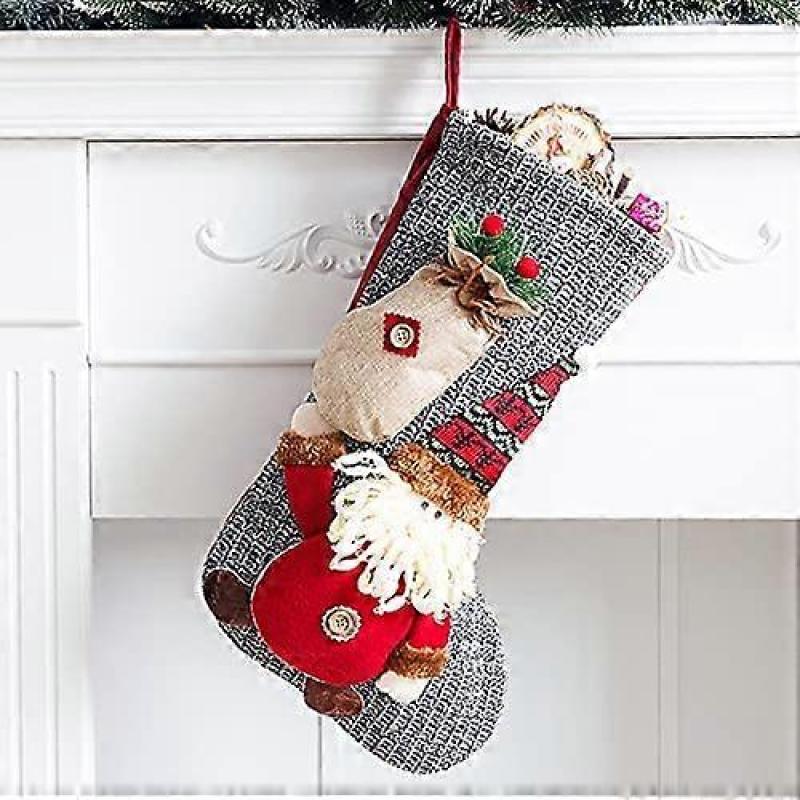 Christmas Stocking, Large Christmas Sock to Hang, Design Santa Claus, Reindeer and Snowmen