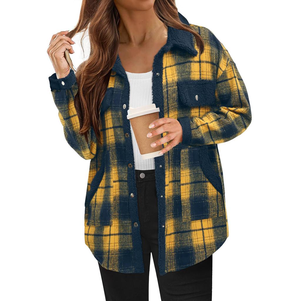 Women's Fashion Loose  Color Plaid Pocket Casual Lapel Plush Jacket Coat